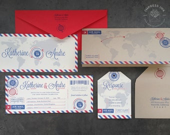 Vintage Airmail Wedding Invitation Sample | Boarding Pass Invite | Destination Wedding | Flat or Pocket Fold Style