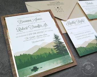 Muestra de invitación de boda del desierto del lago / Estilo plegable plano o de bolsillo / Montañas rústicas y árboles / Invitación de bolsillo