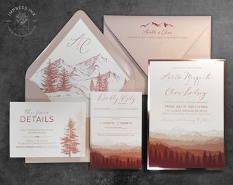 Ombre Mountains Wedding Invitation Sample | Terra Cotta Pink and Orange | Desert Landscape