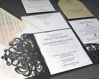 Formal Black Laser Cut Filigree Lace Pocket Wedding Invitation Sample | Gold Glitter Foil