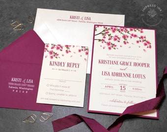 Cherry Blossoms Wedding Invitation Sample | Flat or Pocket Fold Style