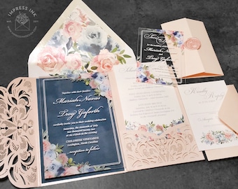 Blush Rose Pink and Dusty Blue Floral Geometric Watercolor Wedding Invitation Sample | Laser Cut Acrylic Pocket Fold Invite