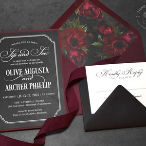 Moody Elegant Peony Floral Wedding Invitation Sample Black and White Invites Gothic Stationery image 2