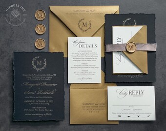 Gold Foil Monogram Wreath Greenery l Moody Black Gothic Wedding Invitation Sample | Deckle Hand Torn Edge