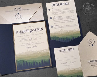 Ombre Mountains Wedding Invitation Sample | Green and Blue Landscape