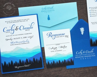 Ombre Mountains Wedding Invitation Sample | Shades of Blue and Purple