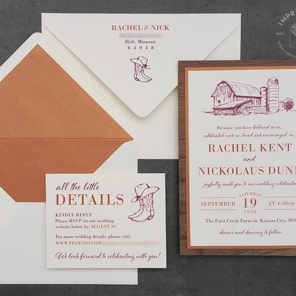 Rustic Barn Wedding Invitation Sample - Kraft Paper | Flat or Pocket Fold Style