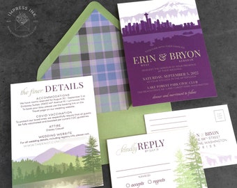 Seattle City Skyline Mountains Wedding Invitation Sample | Kraft Paper | Flat or Pocket Fold Style