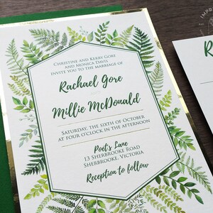 Botanical Ferns Wedding Invitation Sample | Greenery Invite | Real Wood Cards | Flat or Pocket Fold Style