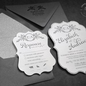 Ornate Monogram Glitter Wedding Invitation Sample Flat or Pocket Fold Style image 1