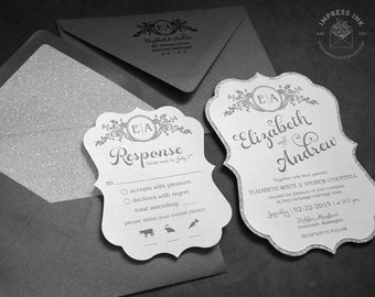 Ornate Monogram Glitter Wedding Invitation Sample | Flat or Pocket Fold Style