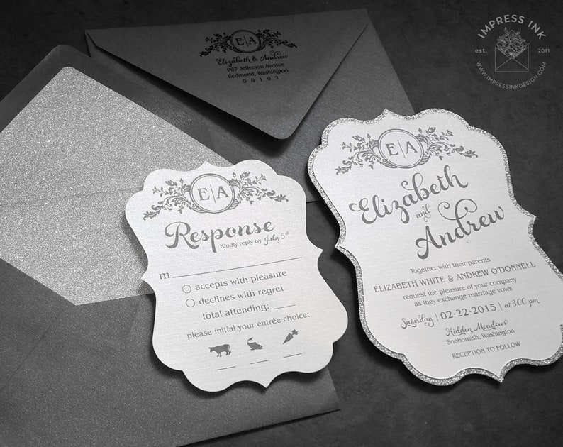 Ornate Monogram Glitter Wedding Invitation Sample Flat or Pocket Fold Style image 1