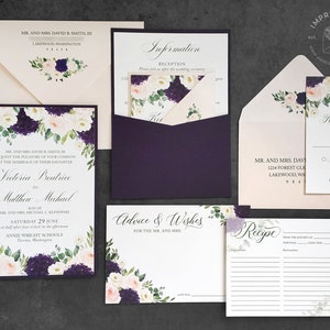 Eggplant Purple and Blush Floral Watercolor Wedding Invitation Sample Roses and Hydrangeas Elegant Garden Flowers image 1