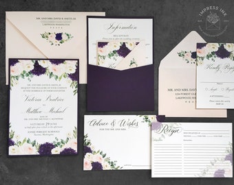 Eggplant Purple and Blush Floral Watercolor Wedding Invitation Sample | Roses and Hydrangeas | Elegant Garden Flowers