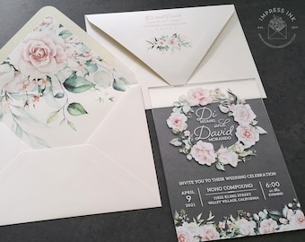 Clear Acrylic Invitations | Plastic Wedding Invites | Blush Pink Floral Flowers | Sample Only