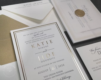 Elegant Modern Letterpress Wedding Invitation Sample | Gray and Gold | Classic Gold Foil Border