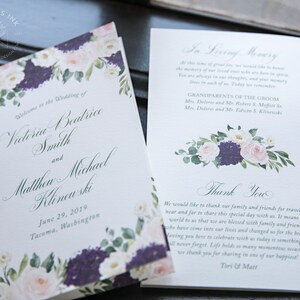 Eggplant Purple and Blush Floral Watercolor Wedding Invitation Sample Roses and Hydrangeas Elegant Garden Flowers image 2