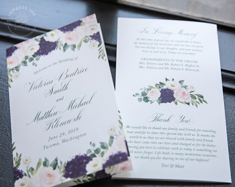 Eggplant Purple and Blush Floral Watercolor Wedding Invitation Sample Roses and Hydrangeas Elegant Garden Flowers image 2