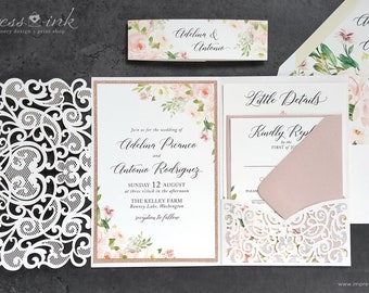 Blush Pink Floral Watercolor Wedding Invitation Sample | Flat, Laser Cut, or Pocket Fold Invite | Flowers Boho Botanicals