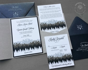 Rocky Mountains Brown Wood Wedding Invitation Sample | Flat or Pocket Fold Invite | Ombre Mountain | Trees | Wood | Glitter | Foil