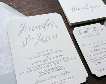 Elegant Modern Letterpress Wedding Invitation Sample | Gray and White | Botanical