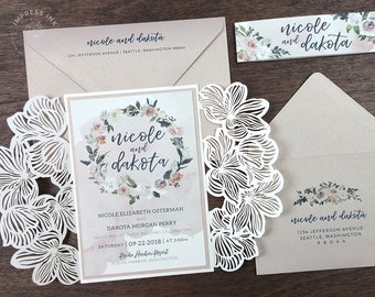 Bohemian Floral Watercolor Wedding Invitation Sample | Flat, Laser Cut, or Pocket Fold Invite | Navy and Blush Flowers Boho Botanicals