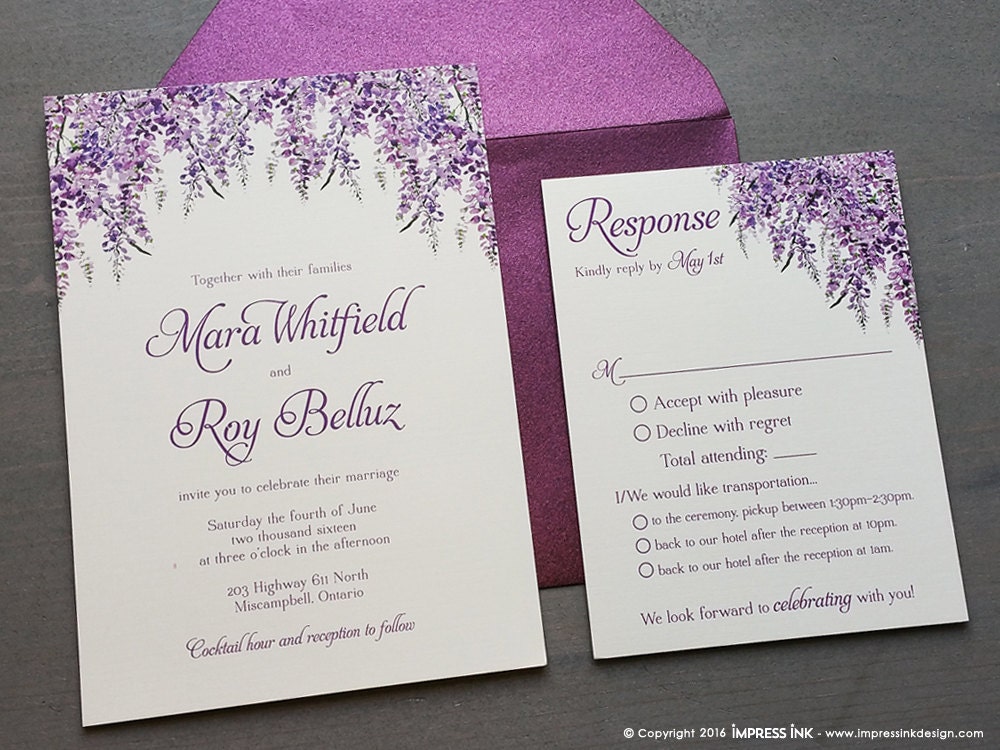WEDDING INVITATIONS,Personalised LAVENDER WISTERIA Watercolour packs of 10