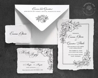 Vintage Floral Frame Deckle Edge Wedding Invitation Sample | Black and White Invites | Elegant Classic Stationery