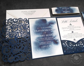 Indigo Watercolor Wedding Invitation Sample | Flat, Laser Cut, or Pocket Fold Invite | Navy Ink