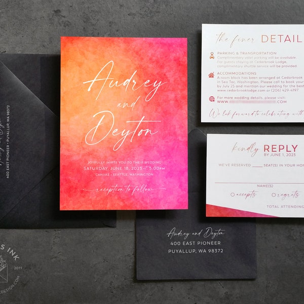 Vibrant Bright Watercolor Wedding Invitation Sample | Modern Citrus Colors | Pink and Orange Unique Wedding Invites