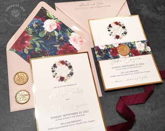 Muestra de invitación de boda con monograma de guirnalda floral rubor borgoña azul marino / Acuarela Otoño Otoño Joya Tono Flores