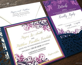 Filigree Flourish Wedding Invitation Sample | Flat, Laser Cut or Pocket Fold Style | Elegant Swirls