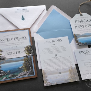 Lake Tahoe Wedding Invitation Sample | Flat or Pocket Fold Style | Rustic Mountains and Trees | Pocket Invitation