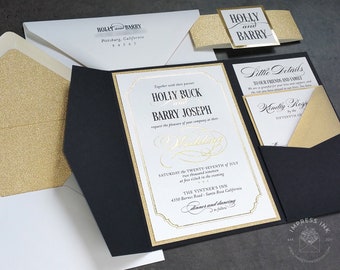 Black and Gold Foil Formal Wedding Invitation Sample | Flat, Pocket Fold or Laser Cut Style