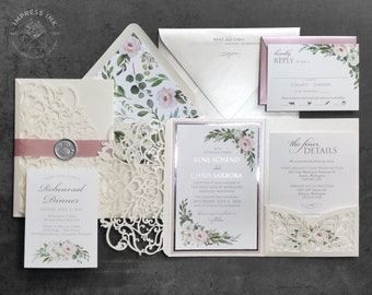 Blush Rose Pink Floral Watercolor Wedding Invitation Sample | Laser Cut Pocket with Elegant Silver Foil Accents