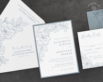 Floral Sketch Flower Outline Wedding Invitation Sample | Flat, Pocket Fold, Acrylic Styles