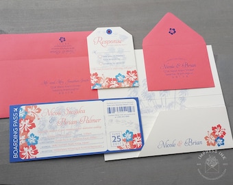 Aloha Hibiscus Flowers Boarding Pass Wedding Invitation Sample | Hawaii Wedding | Destination Wedding Invitation