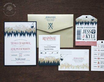Rocky Mountains Navy Blue Wedding Invitation Sample | Ombre Mountain | Trees | Wood | Glitter | Foil