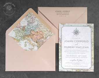 Vintage Map Wedding Invitation Sample | Nautical Compass Travel Theme | Flat or Pocket Fold Style