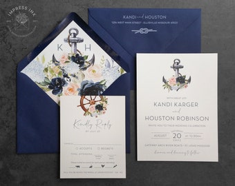 Floral Anchor Nautical Navy Blush Wedding Invitation Sample | Flat or Pocket Fold Style