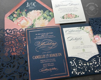 Navy and Coral Pink Floral Watercolor Wedding Invitation Sample | Laser Cut Pocket Folder with Rose Gold Foil | Elegant Garden Flowers