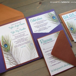 Peacock Feather Wedding Invitation Sample Flat or Pocket Fold Style image 4