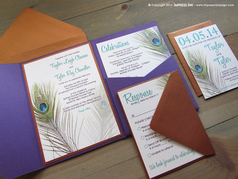 Peacock Feather Wedding Invitation Sample Flat or Pocket Fold Style image 4