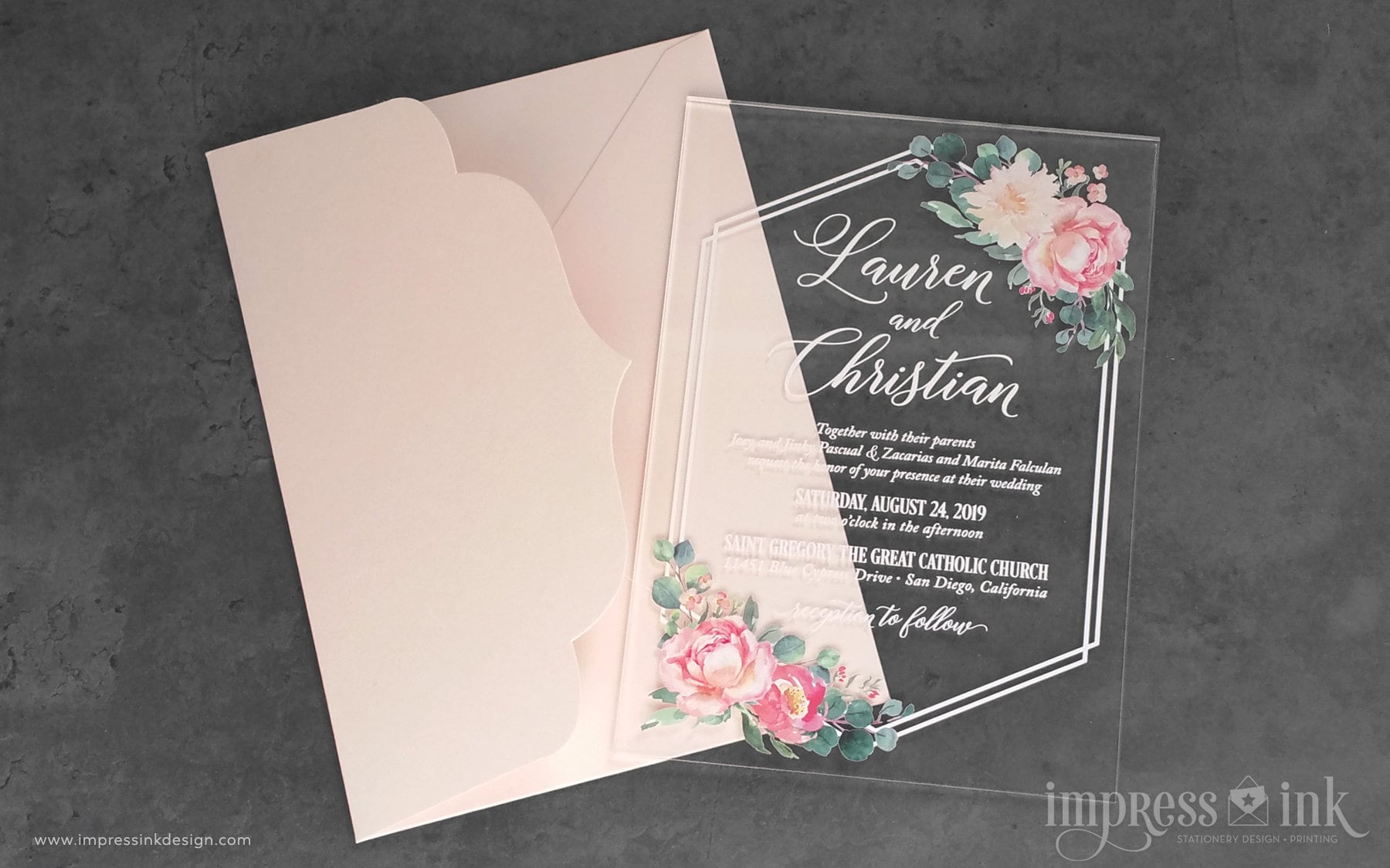Clear Acrylic Wedding Invitation with Floral Liner and Blush Colors Clear Acrylic Wedding Invitation with Floral Liner and Blush Colors