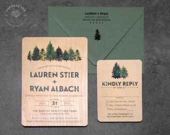 Rustic Evergreen Tree Forest Woodgrain Wedding Invitation Sample | Flat or Pocket Fold Style