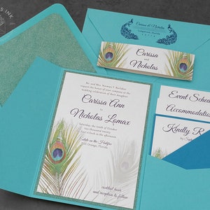 Peacock Feather Wedding Invitation Sample Flat or Pocket Fold Style image 3
