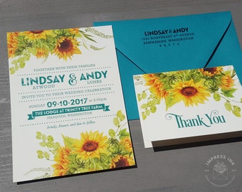 Sunflower Wedding Invitation Sample | Flat, Real Wood, or Pocket Fold Invite | Summer Floral