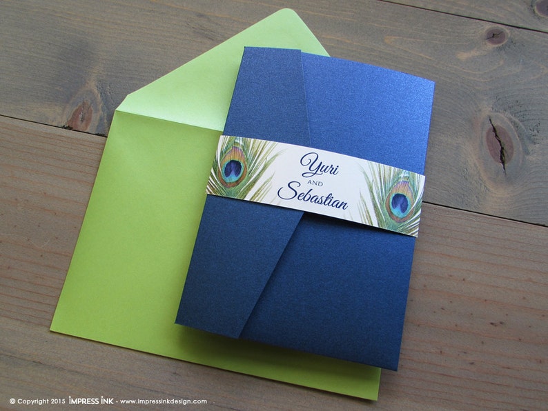 Peacock Feather Wedding Invitation Sample Flat or Pocket Fold Style image 5