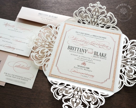 Ivory and Rose Fold Laser Cut Filigree Lace Wedding Invitation Sample Elegant Rose Gold Glitter Foil and Ivory Etsy Canada