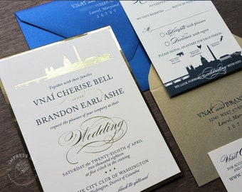 Washington DC City Skyline Wedding Invitation Sample | Gold Foil | Flat or Pocket Fold Style